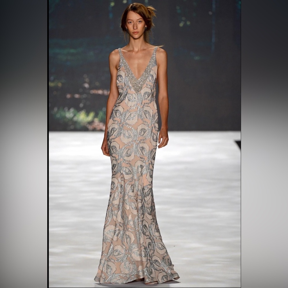 Badgley Mischka Silk Jacquard Plunge Embellished Mermaid Gown XS